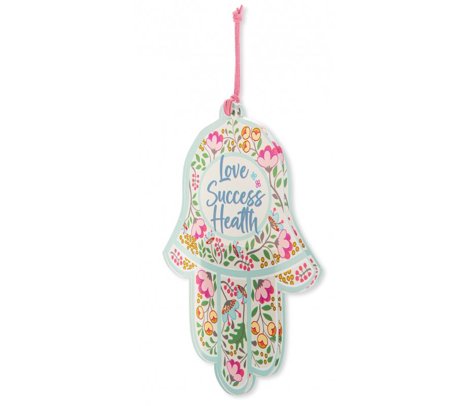 Hamsa Lucite Wall Hanging, Colorful Flowers and English Blessing Words - Dorit Judaica
