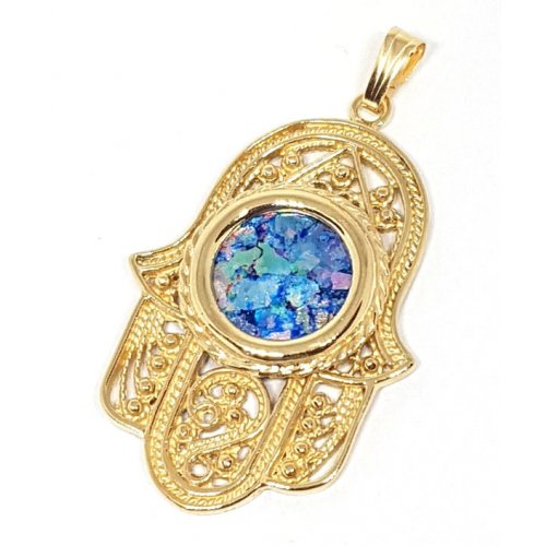 Hamsa Pendant of 14k Gold with Roman Glass Insert and Filigree Design