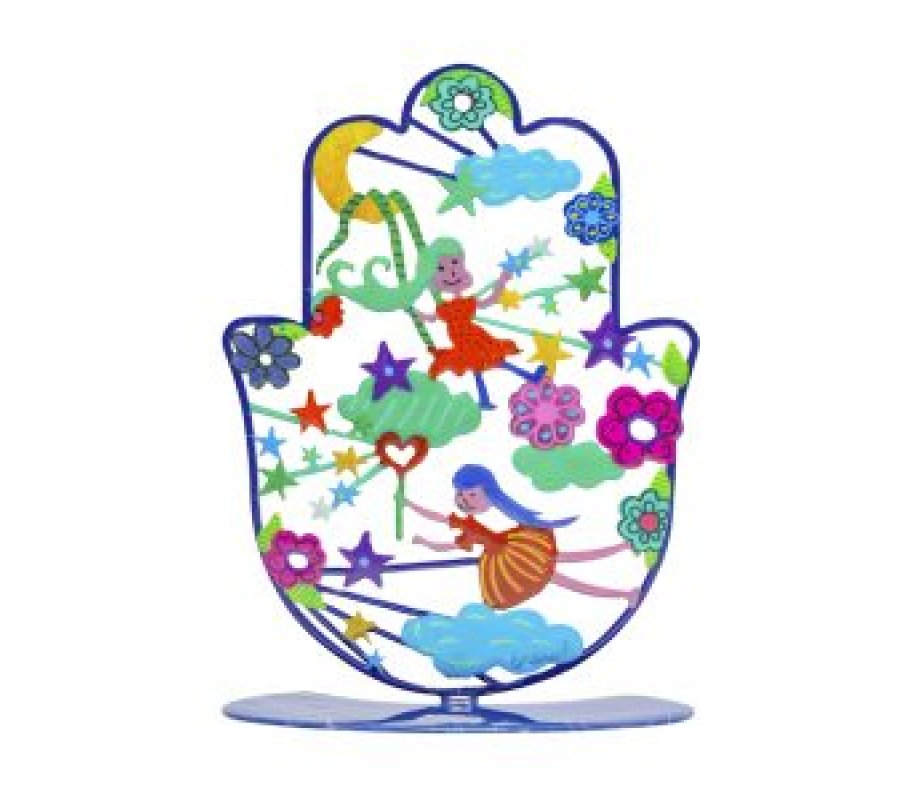 Hamsa Sculpture on Stand with Colorful Fairy Images, Small - Yair Emanuel