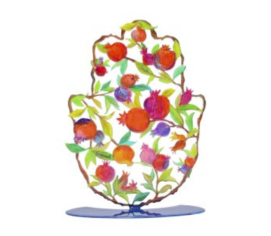 Hamsa Sculpture on Stand with Pencil Drawing Pomegranates, Small - Yair Emanuel