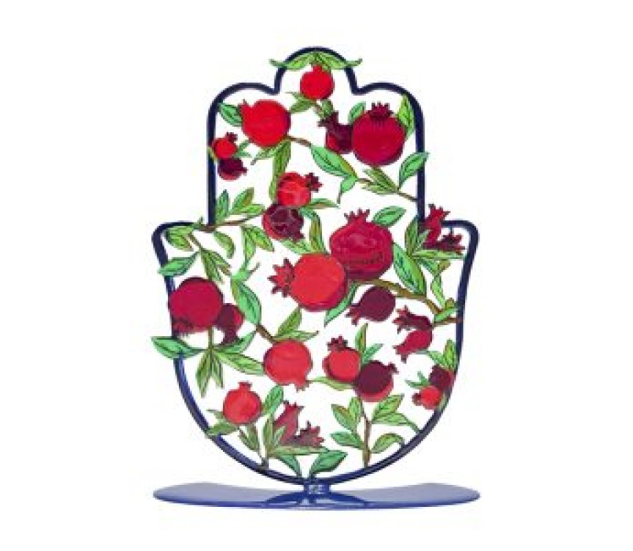 Hamsa Sculpture on Stand with Red Pomegranates, Small - Yair Emanuel