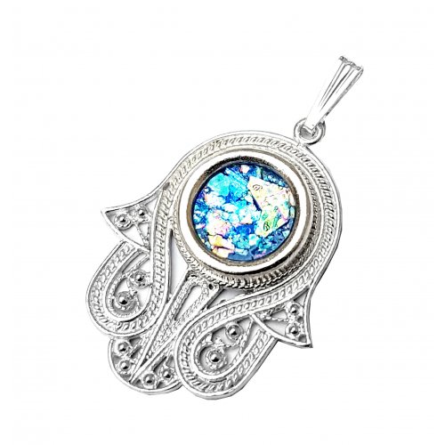 Hamsa Sterling Silver Pendant Necklace with Roman Glass and Filigree Work