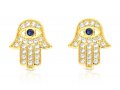 Hamsa Stud Earrings of Sterling Silver, White Zircons and Blue Center - Option Gold