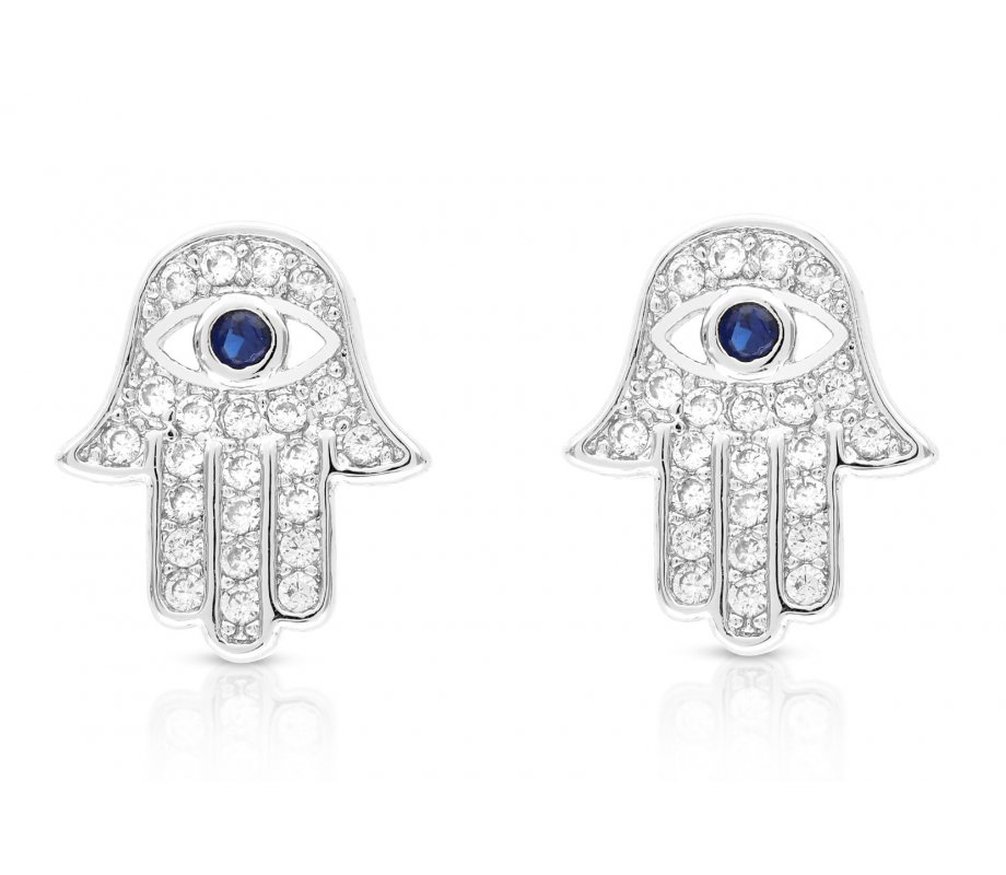Hamsa Stud Earrings of Sterling Silver, White Zircons and Blue Center - Option Gold