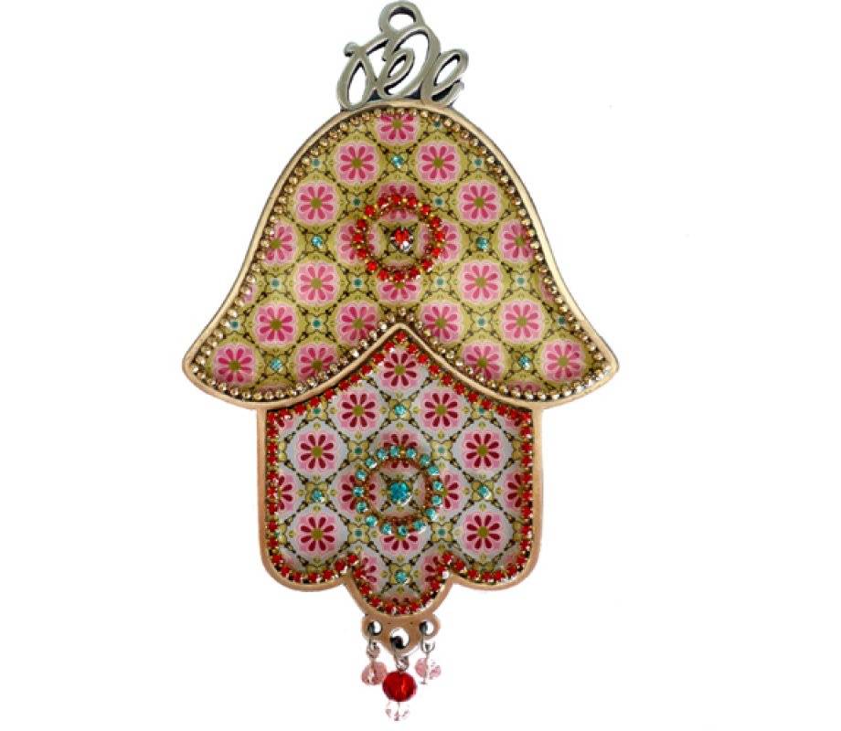 Hamsa Wall Plaque - Oriental Pink and Green Theme with Eye Motif - Iris Design