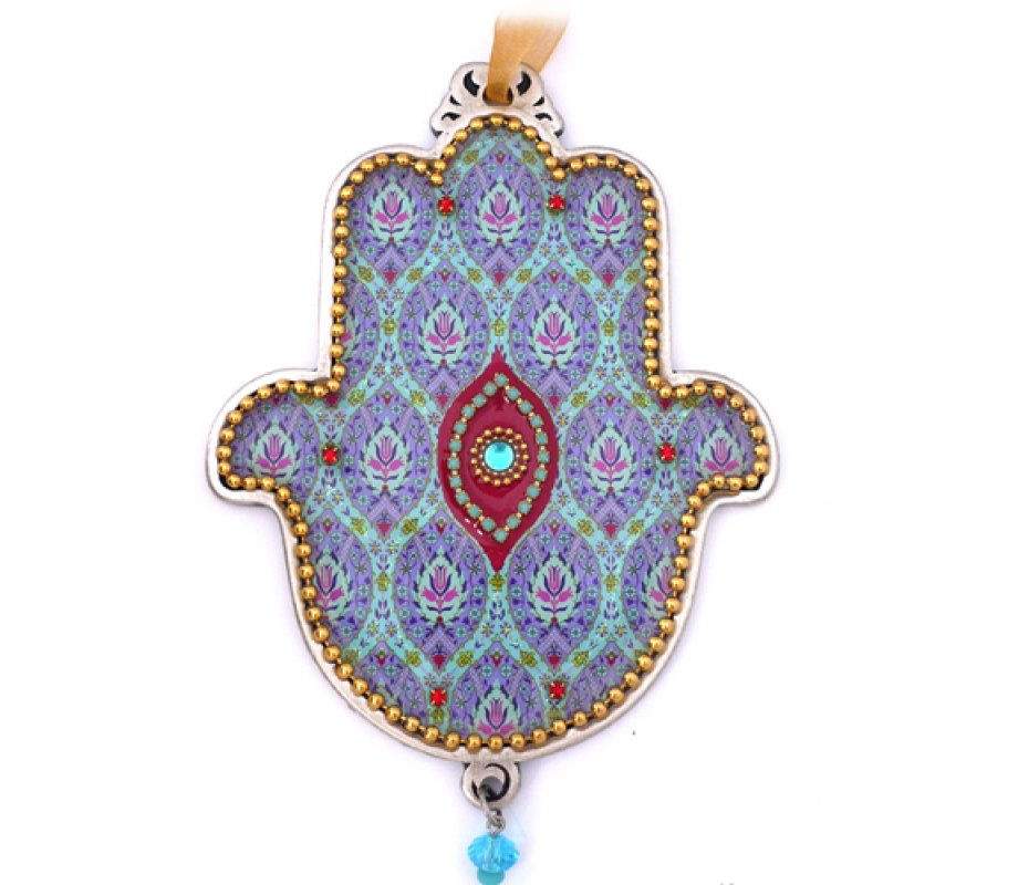 Hamsa Wall Plaque, Beaded Floral Theme on Violet with Protective Eye - Iris Design