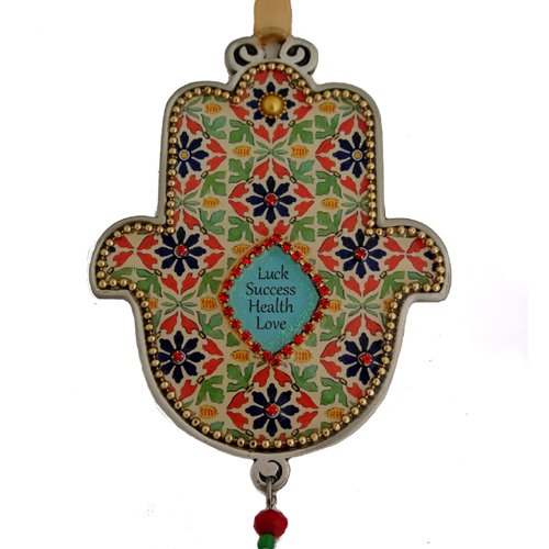 Hamsa Wall Plaque, Beaded Flowers with Blessing Words in English - Iris Design