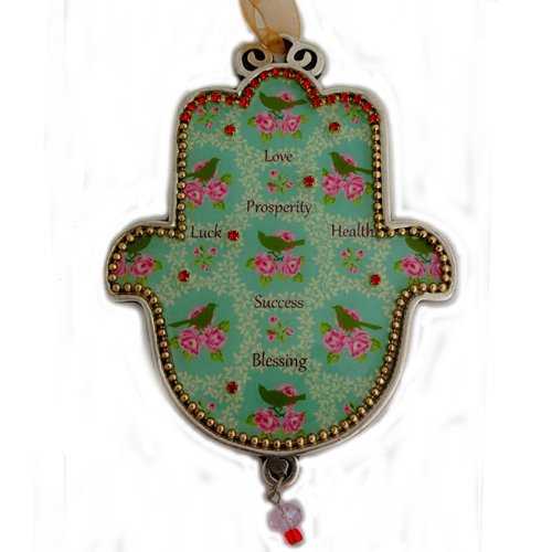 Hamsa Wall Plaque, Beaded Roses and Birds with English Blessing Words - Iris Design