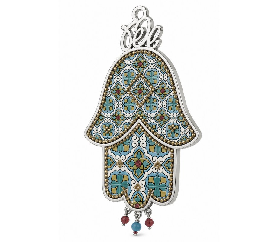 Hamsa Wall Plaque, Colorful Leaf Motif and Protective Eye Image - Iris Design