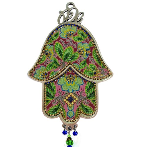Hamsa Wall Plaque, Green and Pink Foliage with Gold Protective Eye - Iris Design