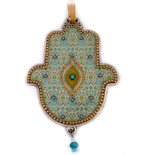 Hamsa Wall Plaque, Turquoise Floral Design with Protective Eye - Iris Design