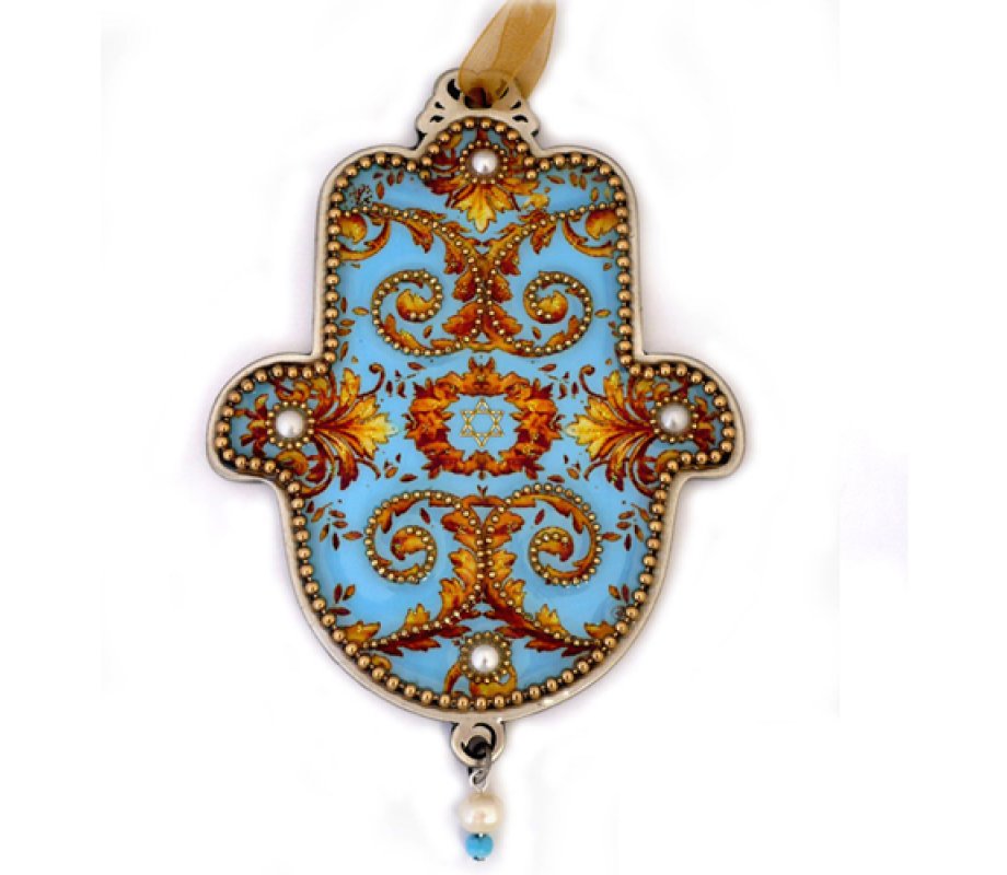 Hamsa Wall Plaque, Turquoise and Gold Swirls with Star of David - Iris Design