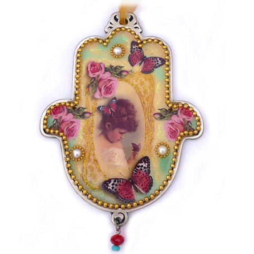 Hamsa Wall Plaque, Young Girl with Beaded Roses and Butterflies - Iris Design