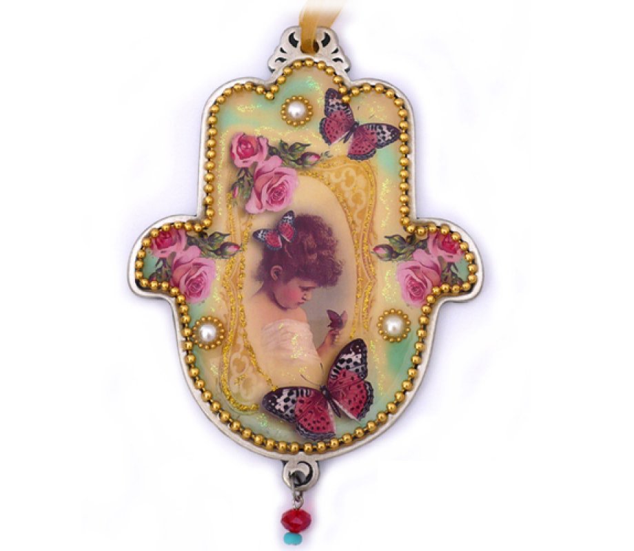 Hamsa Wall Plaque, Young Girl with Beaded Roses and Butterflies - Iris Design
