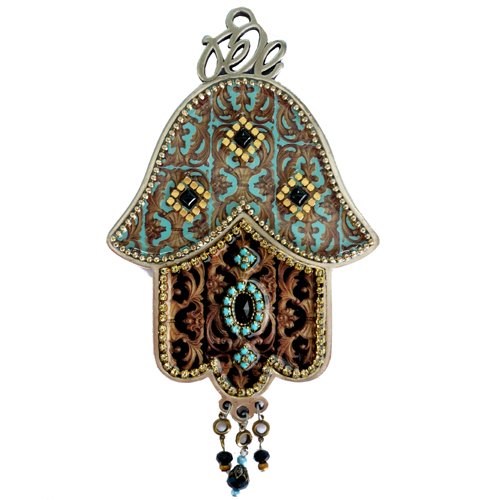 Hamsa Wall Plaque with Beaded Colorful Ethnic Oriental Design - Iris Design