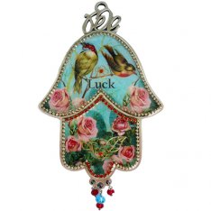 Hamsa Wall Plaque with Songbirds and Pink Roses and 
