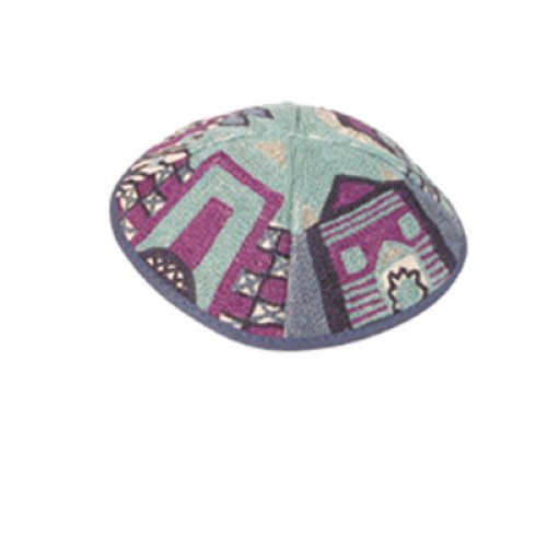 Hand Embroidered Blue and Purple Cotton Kippah, Jerusalem Images - Yair Emanuel