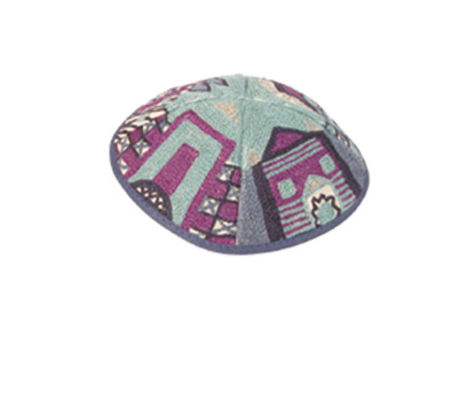 Hand Embroidered Blue and Purple Cotton Kippah, Jerusalem Images - Yair Emanuel
