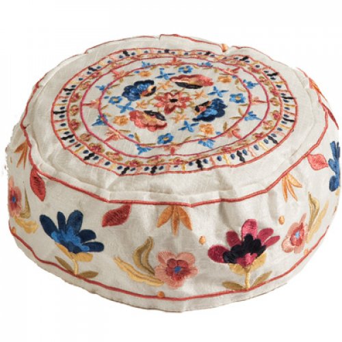 Hand Embroidered Bucharian Hat Kippah on Cream, Colorful Floral Design - Yair Emanuel