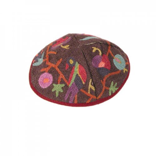 Hand Embroidered Burgundy Cotton Kippah with Birds and Flowers - Yair Emanuel