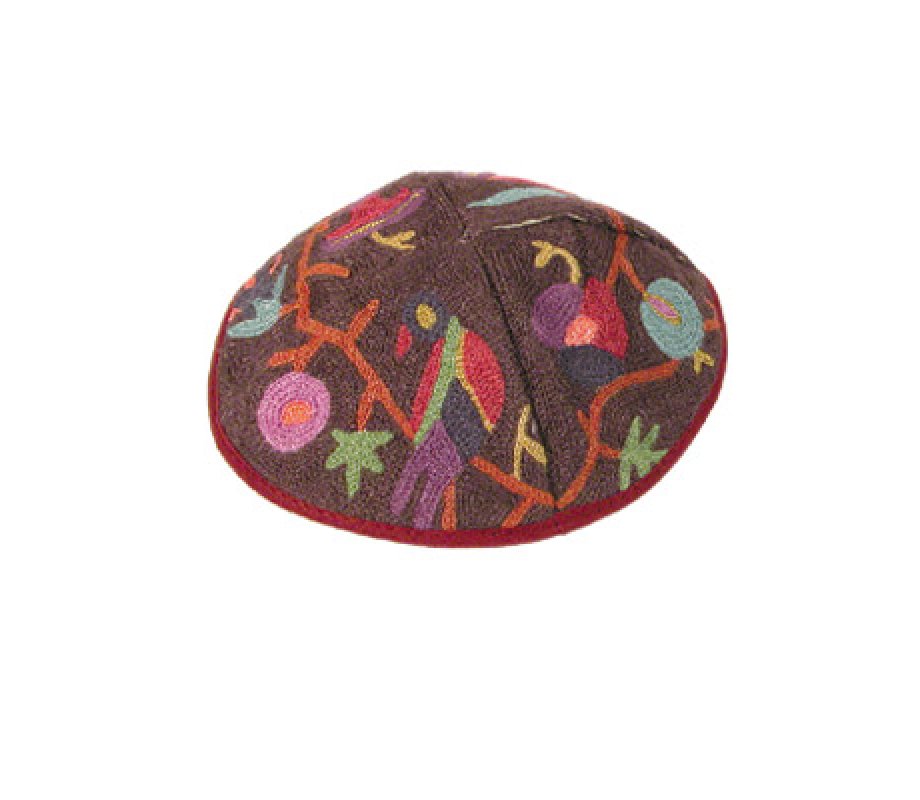 Hand Embroidered Burgundy Cotton Kippah with Birds and Flowers - Yair Emanuel