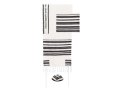 Hand Embroidered Silk-Cotton Tallit Set with Black Stripes and Blessing on Atara