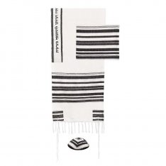 Hand Embroidered Silk-Cotton Tallit Set with Black Stripes and Blessing on Atara
