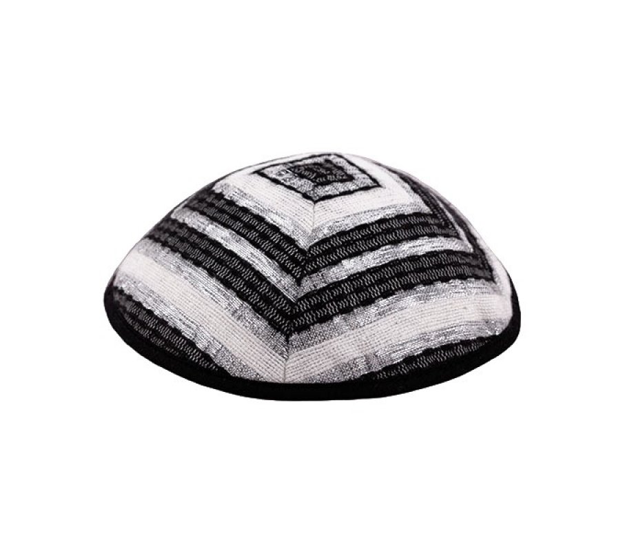 Hand Embroidered Silk-Cotton Tallit Set with Black Stripes and Blessing on Atara