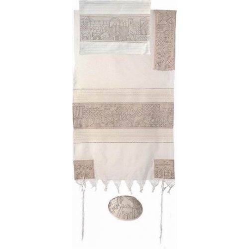 Hand Embroidered Woven Cotton Tallit Set with Jerusalem Design, Silver - Yair Emanuel