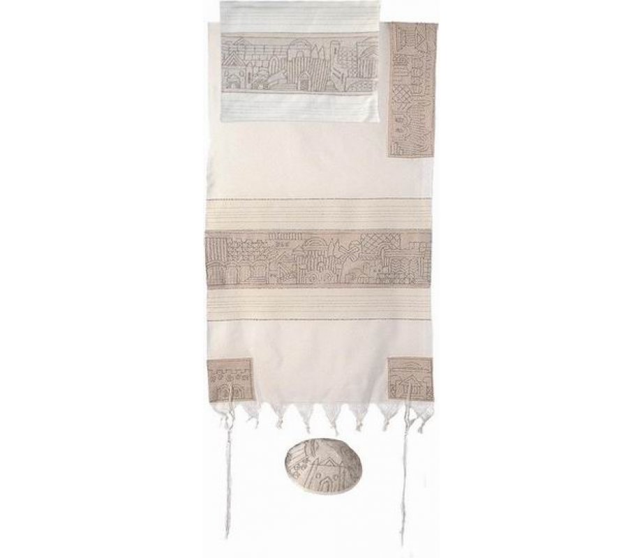 Hand Embroidered Woven Cotton Tallit Set with Jerusalem Design, Silver - Yair Emanuel