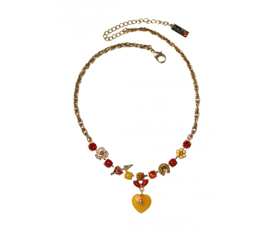 Hand Made Necklace with Semi Precious Gems and Plated Gold, Heart Pendant - Amaro