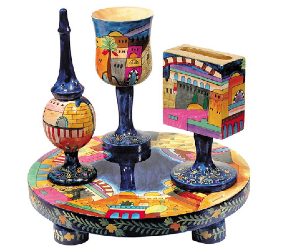 Hand Painted 4-Piece Wood Havdalah Set, Jerusalem - Yair Emanuel
