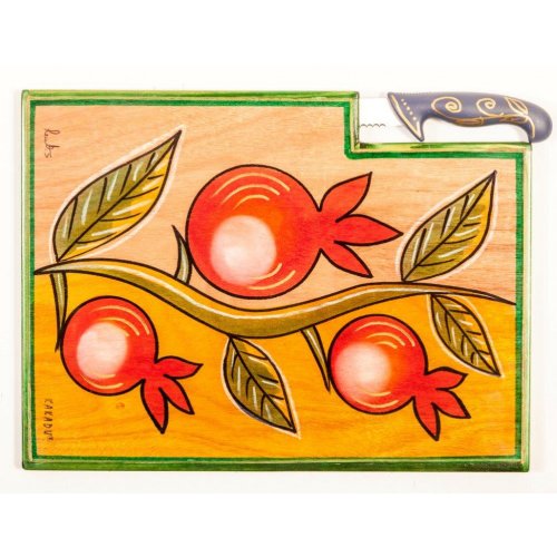 Hand Painted Challah Board and Knife, Pomegranates - Kakadu