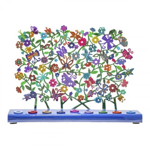 Hand Painted Chanukah Menorah, Butterflies and Flowers  Yair Emanuel