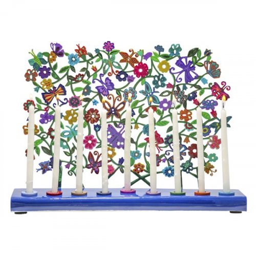 Hand Painted Chanukah Menorah, Butterflies and Flowers  Yair Emanuel