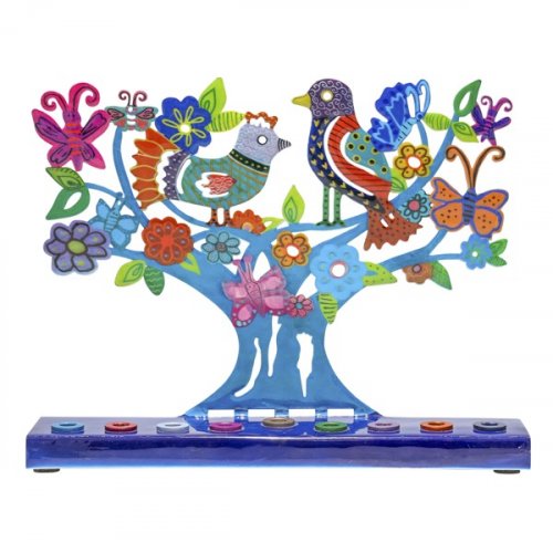 Hand Painted Chanukah Menorah, Colorful Birds Flowers and Butterflies - Yair Emanuel