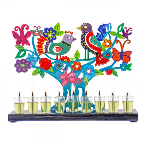 Hand Painted Chanukah Menorah, Colorful Birds Flowers and Butterflies - Yair Emanuel