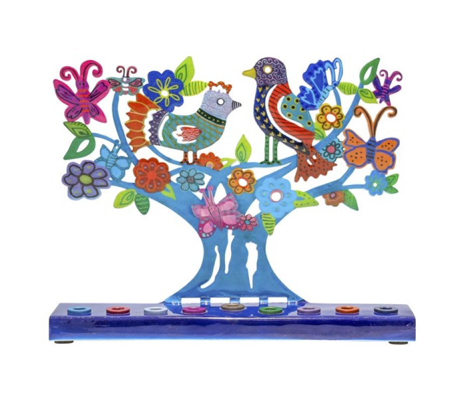 Hand Painted Chanukah Menorah, Colorful Birds Flowers and Butterflies - Yair Emanuel
