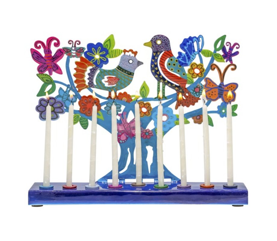 Hand Painted Chanukah Menorah, Colorful Birds Flowers and Butterflies - Yair Emanuel