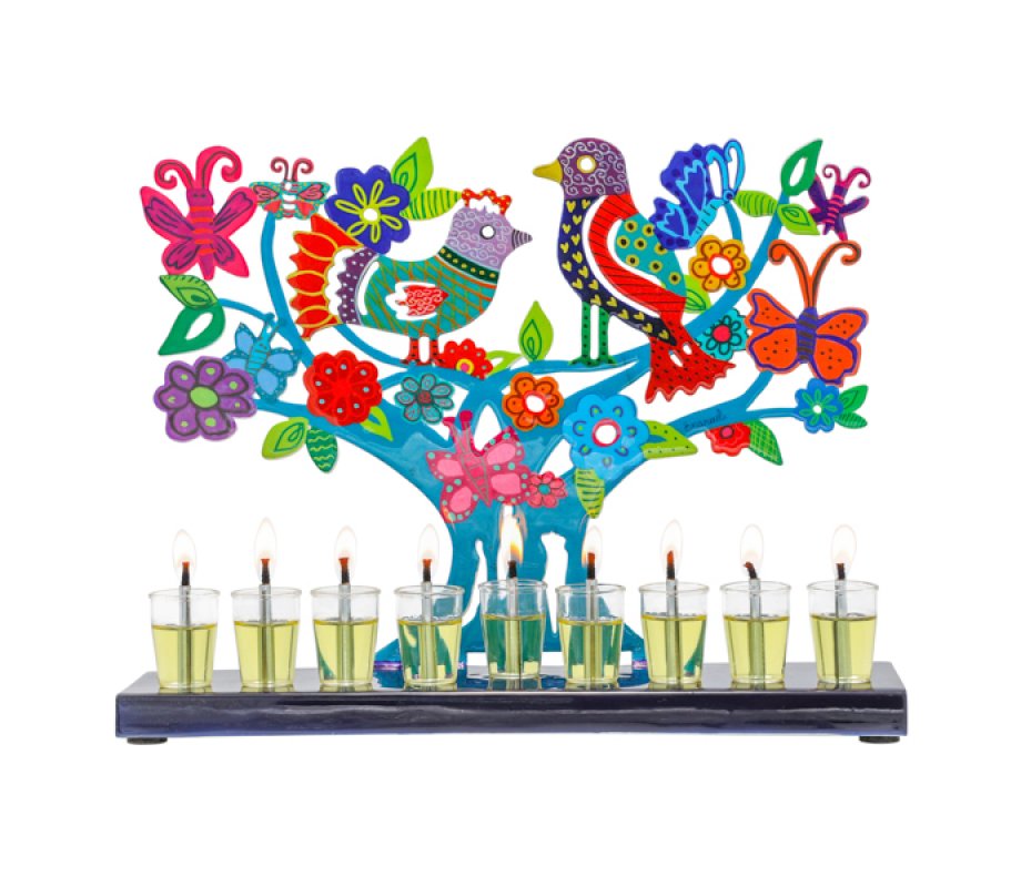 Hand Painted Chanukah Menorah, Colorful Birds Flowers and Butterflies - Yair Emanuel