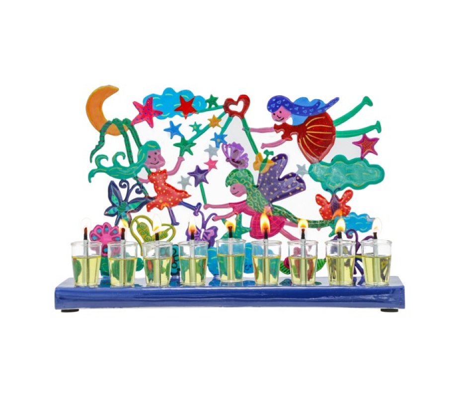 Hand Painted Chanukah Menorah, Colorful Fairy figures  Yair Emanuel