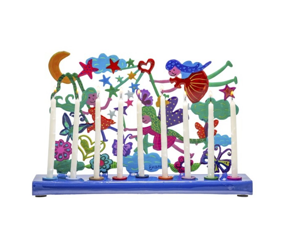 Hand Painted Chanukah Menorah, Colorful Fairy figures  Yair Emanuel