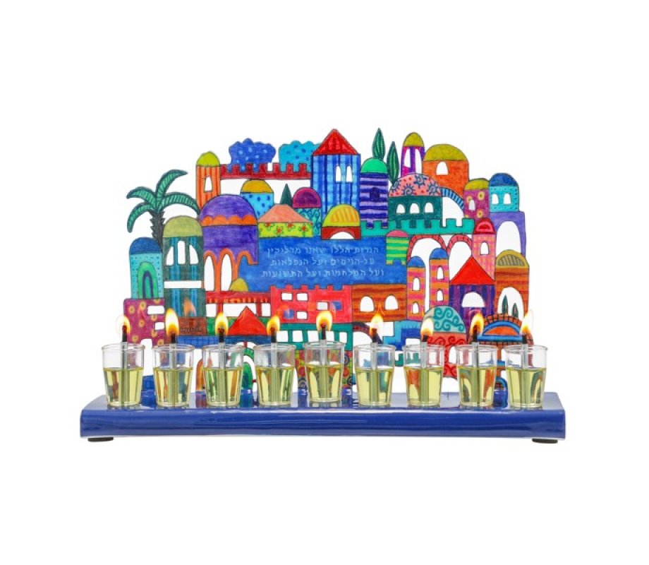 Hand Painted Chanukah Menorah, Colorful Jerusalem View - Yair Emanuel