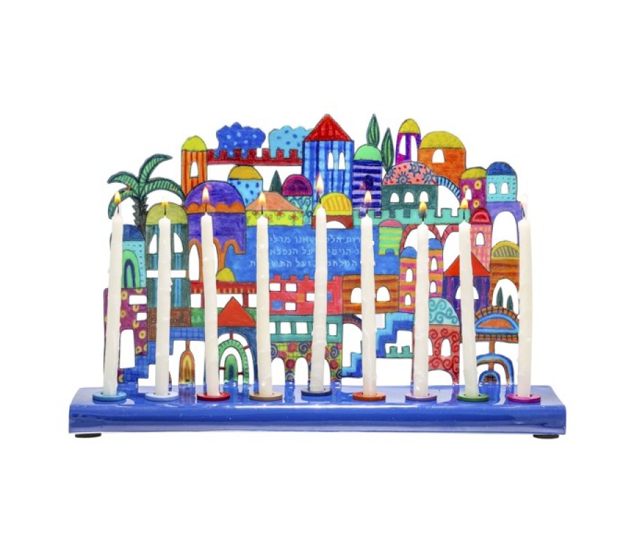 Hand Painted Chanukah Menorah, Colorful Jerusalem View - Yair Emanuel