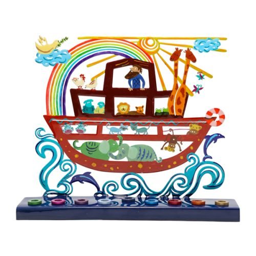 Hand Painted Chanukah Menorah, Colorful Noahs Ark with Rainbow - Yair Emanuel