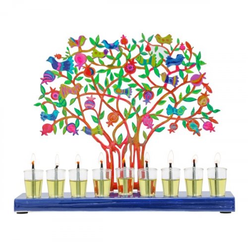 Hand Painted Chanukah Menorah, Colorful Pomegranate Tree and Birds - Yair Emanuel