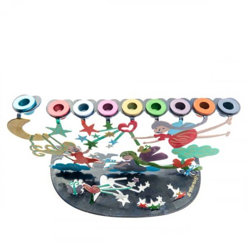 Hand Painted Chanukah Menorah, Youthful Wonderland Scene - Yair Emanuel