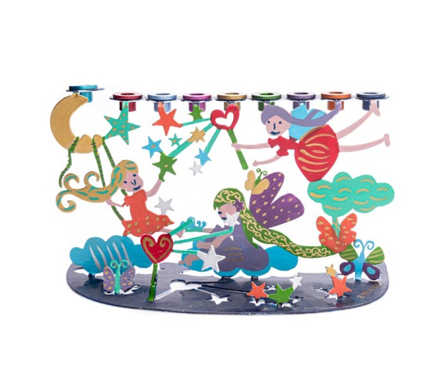 Hand Painted Chanukah Menorah, Youthful Wonderland Scene - Yair Emanuel