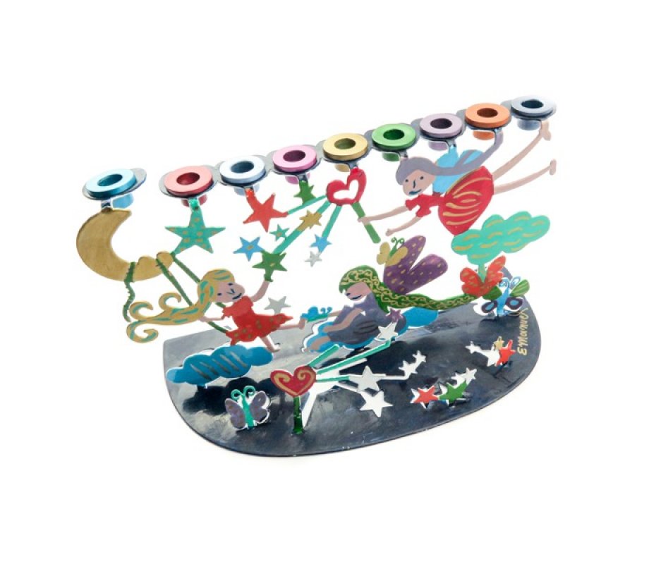 Hand Painted Chanukah Menorah, Youthful Wonderland Scene - Yair Emanuel