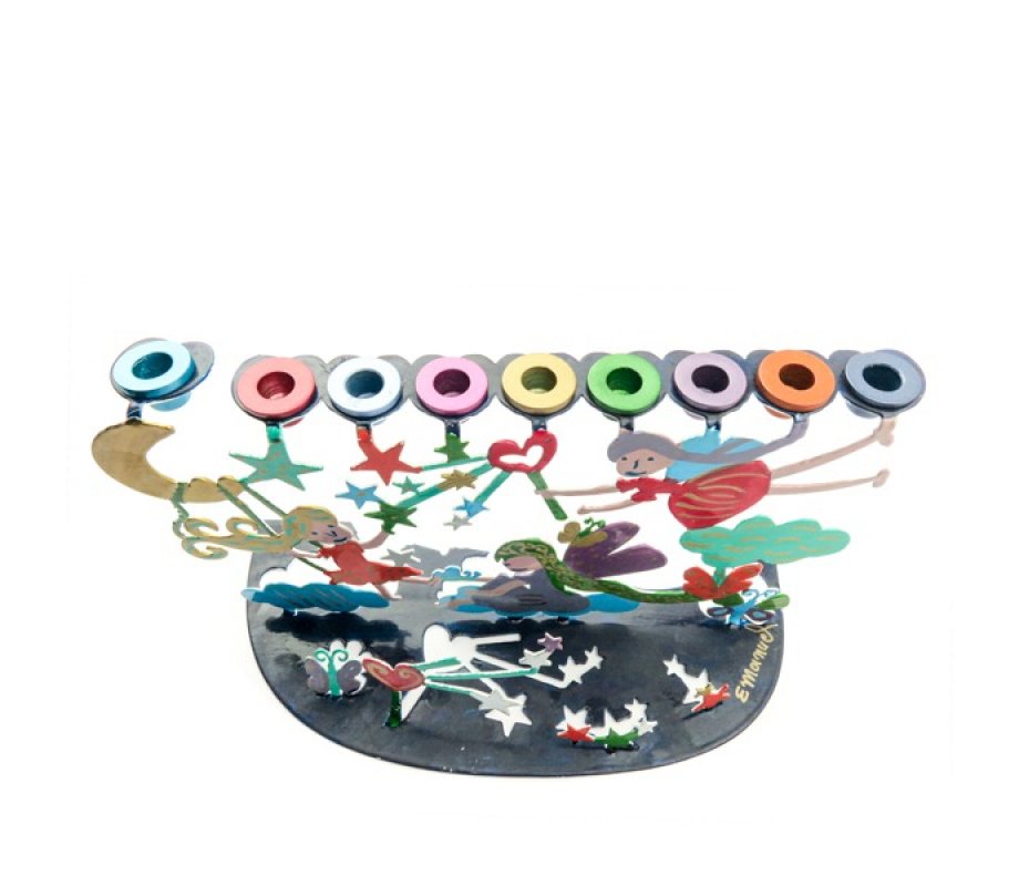 Hand Painted Chanukah Menorah, Youthful Wonderland Scene - Yair Emanuel